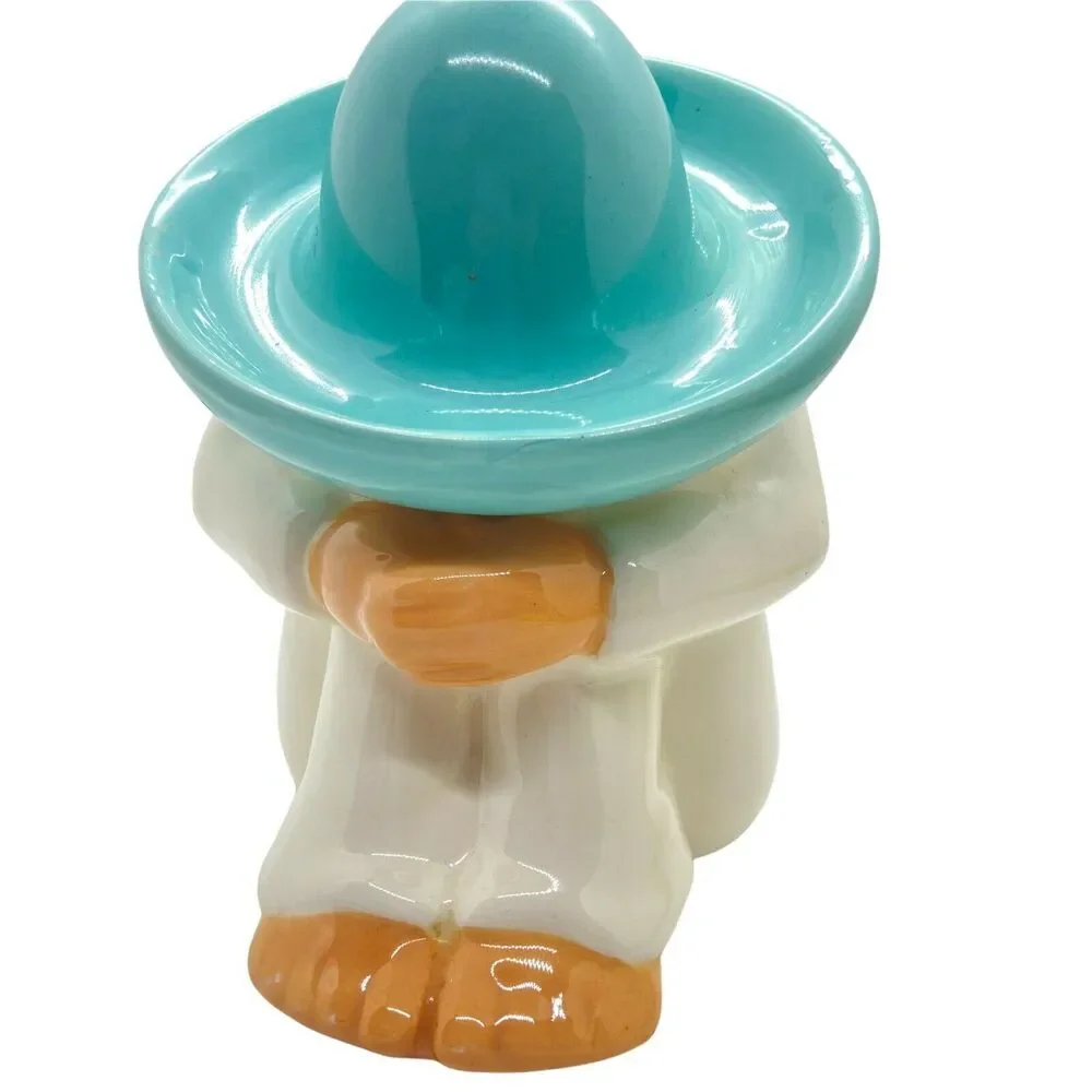 Sleeping Siesta Man Vintage White Blue Ceramic Sombrero Mexican Figurine Retro
